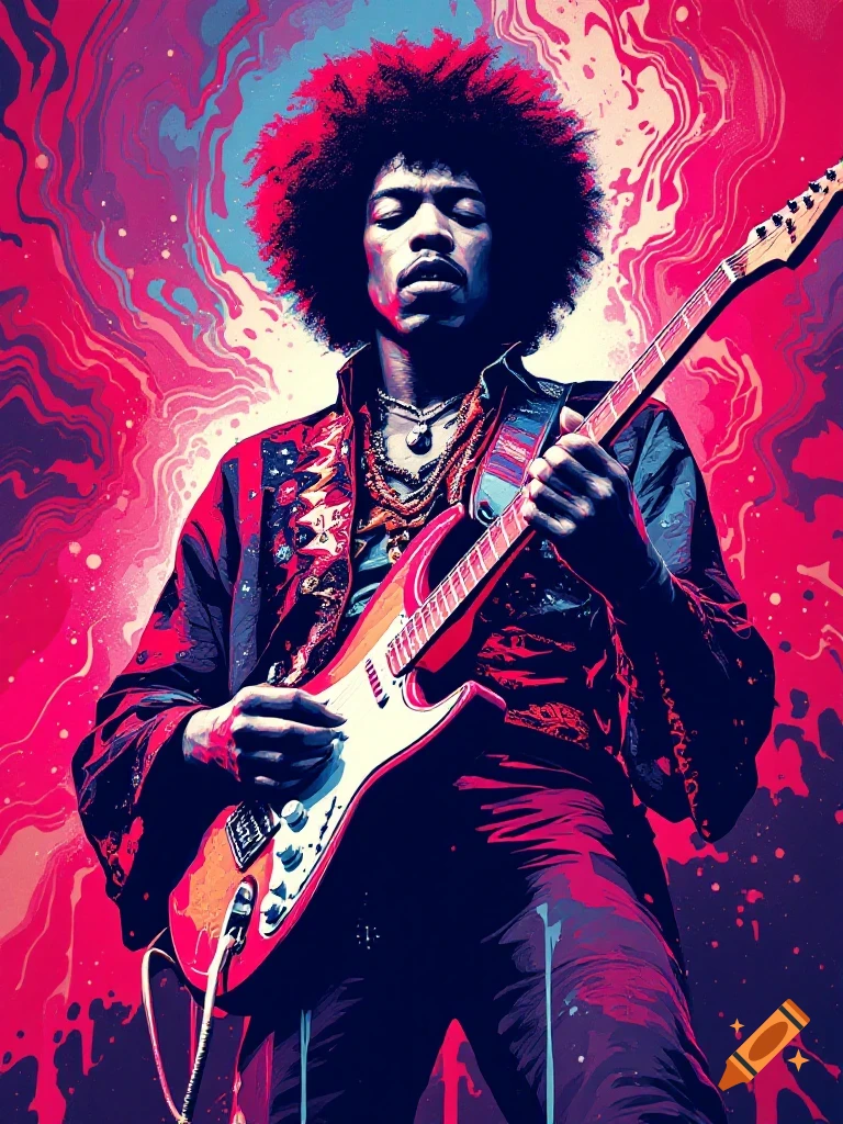 Psychedelic poster of Jimi Hendrix playing guitar against a vibrant, swirling background of red, pink, and blue.