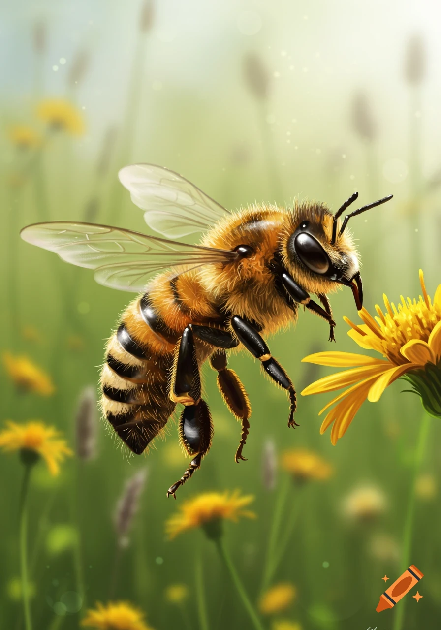 A detailed illustration of a honey bee in flight, approaching a yellow dandelion flower in a sunny field.