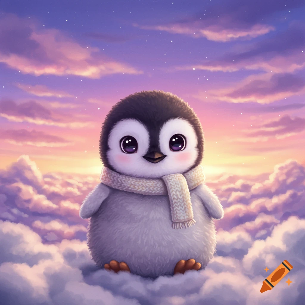 A cute, fluffy baby penguin wearing a scarf, sitting on clouds against a vibrant sunset sky.