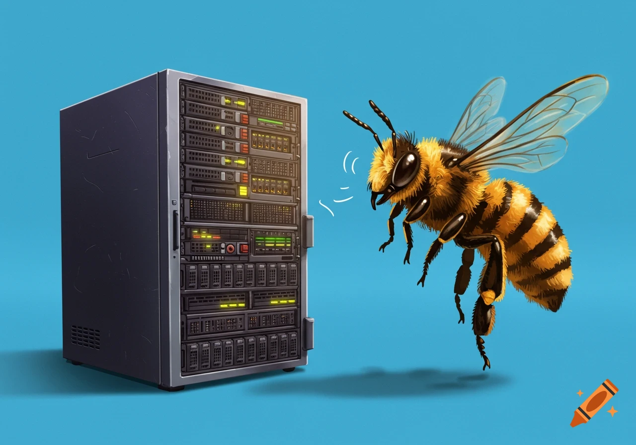 A fuzzy bumblebee buzzing next to a tall, dark computer server rack with glowing lights, set against a solid blue background.