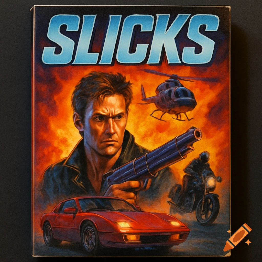 Retro-styled illustration of an action movie cover featuring a man with a gun, a helicopter, a car, and a motorcycle against a fiery background, with the title 'SLICKS'.