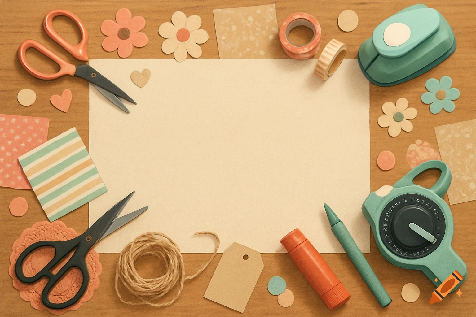 Scrapbooking tools including scissors, paper, string, and tape scattered around a blank space on a wooden table.