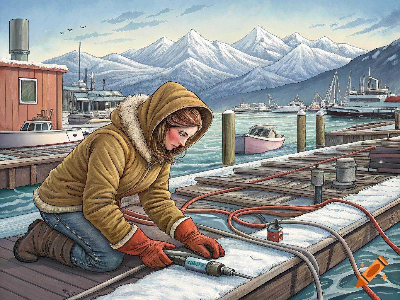 An illustrated scene of a woman in a winter coat kneeling on a snowy dock, working with tools and hoses in a harbor with boats and snow-capped mountains in the background.