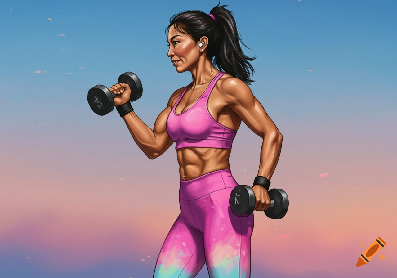 Muscular woman in pink activewear doing bicep curls with dumbbells against a vibrant gradient background.