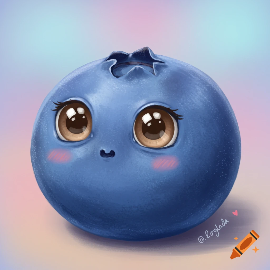 A cute, cartoon blueberry with large brown eyes and rosy cheeks on a pastel background.
