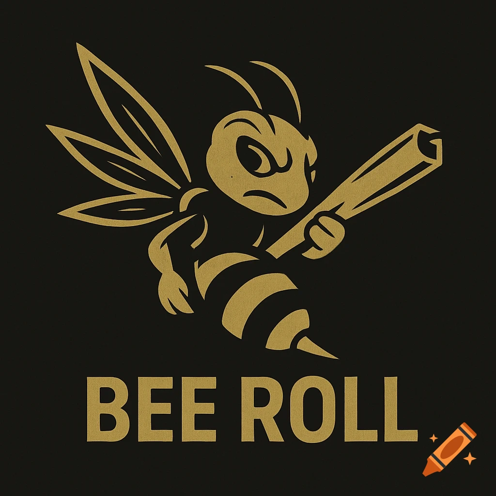 Gold stylized bee holding a pre-roll bat on a black background, with 'BEE ROLL' text below.