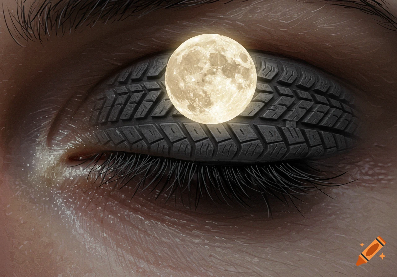 A surreal close-up of a closed human eye with a tire tread pattern on the eyelid, and a glowing full moon resting on it.