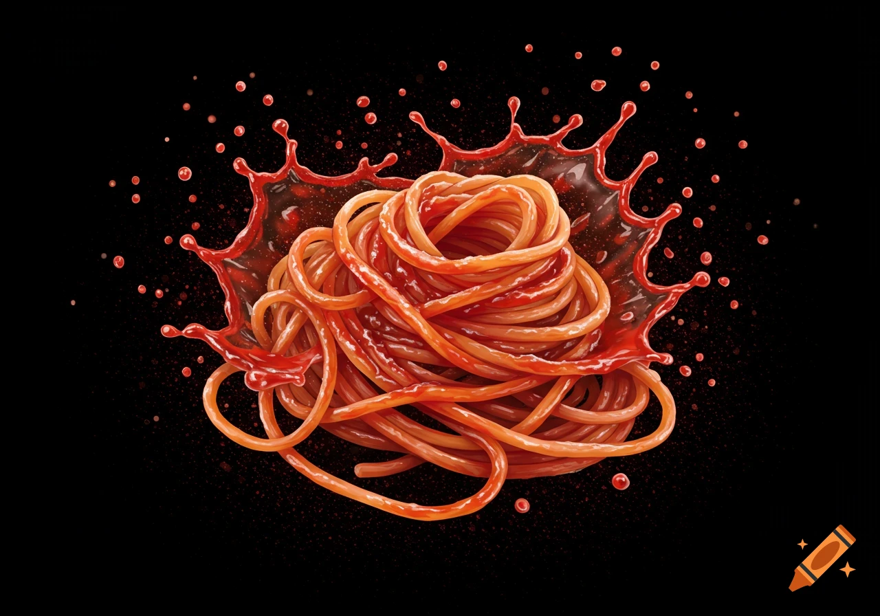 A vibrant illustration of spaghetti noodles covered in red sauce with a dynamic splash on a black background.