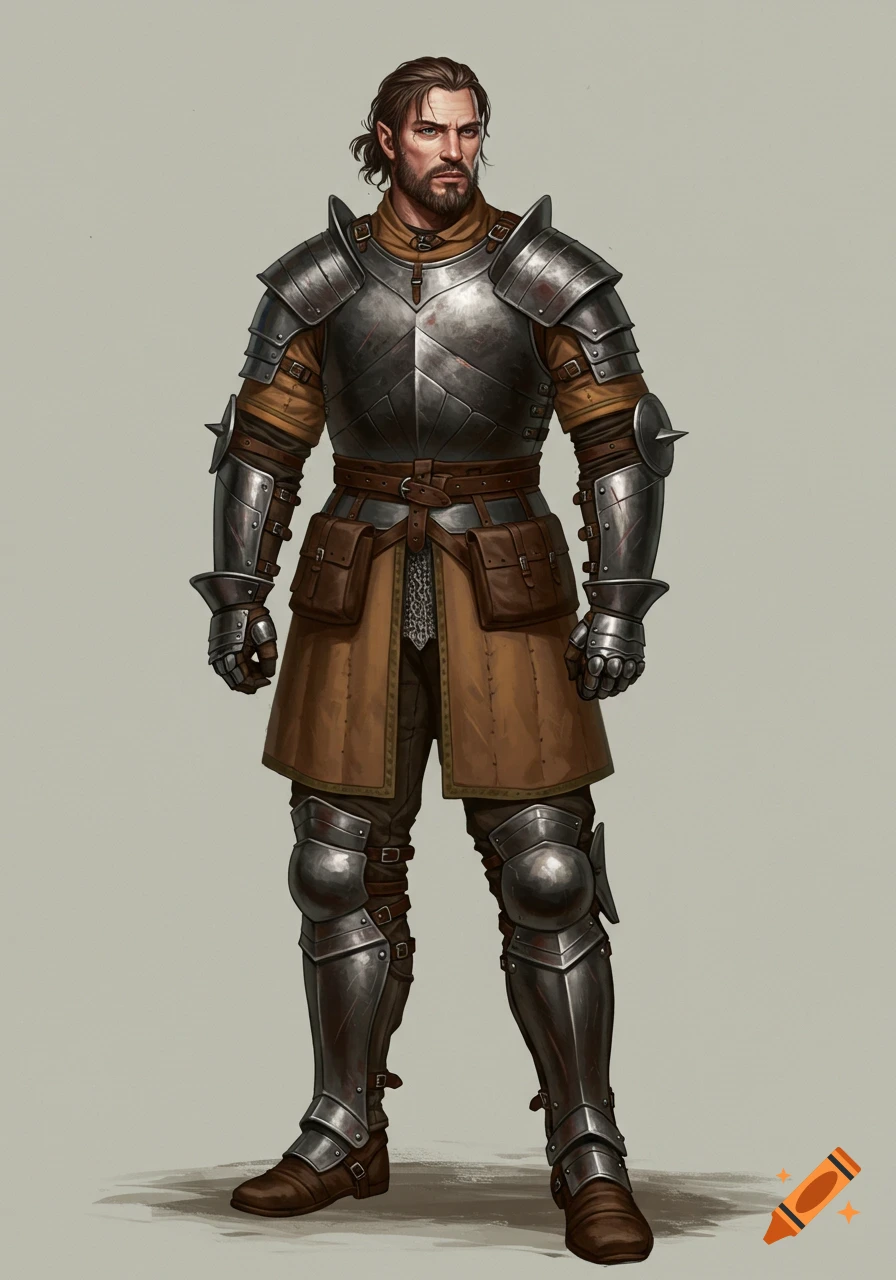 A detailed, full-body illustration of a knight in worn, dark steel and brown leather armor, standing on a plain background.