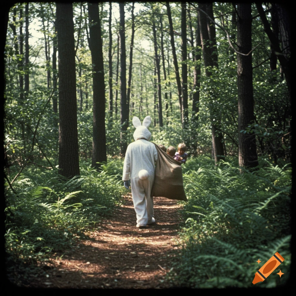 A person in an Easter bunny costume walks through a forest path, carrying a sack containing children. Vintage 1960s photo.