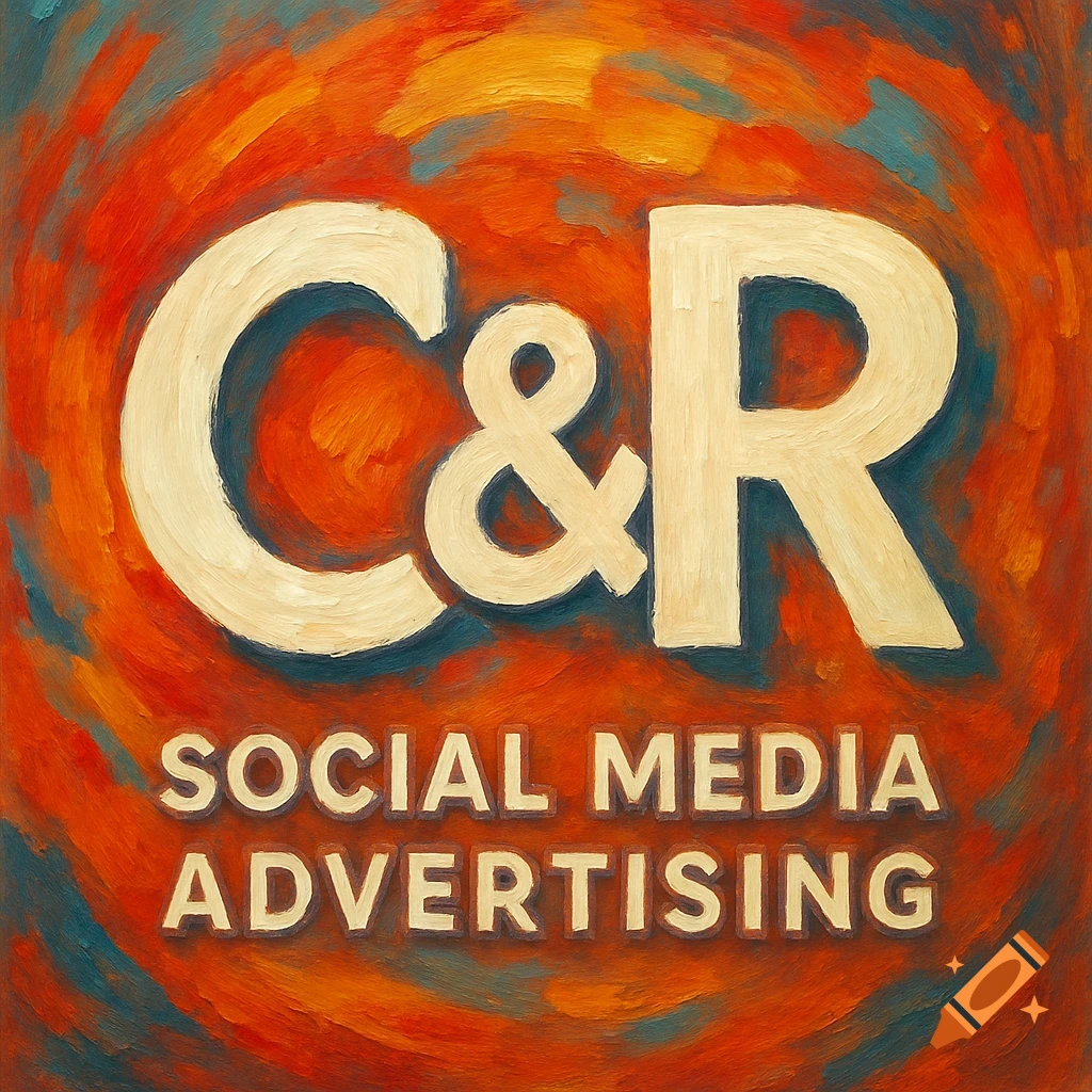 C&R Social Media Advertising logo in an expressive orange and blue painterly style with thick brushstrokes.