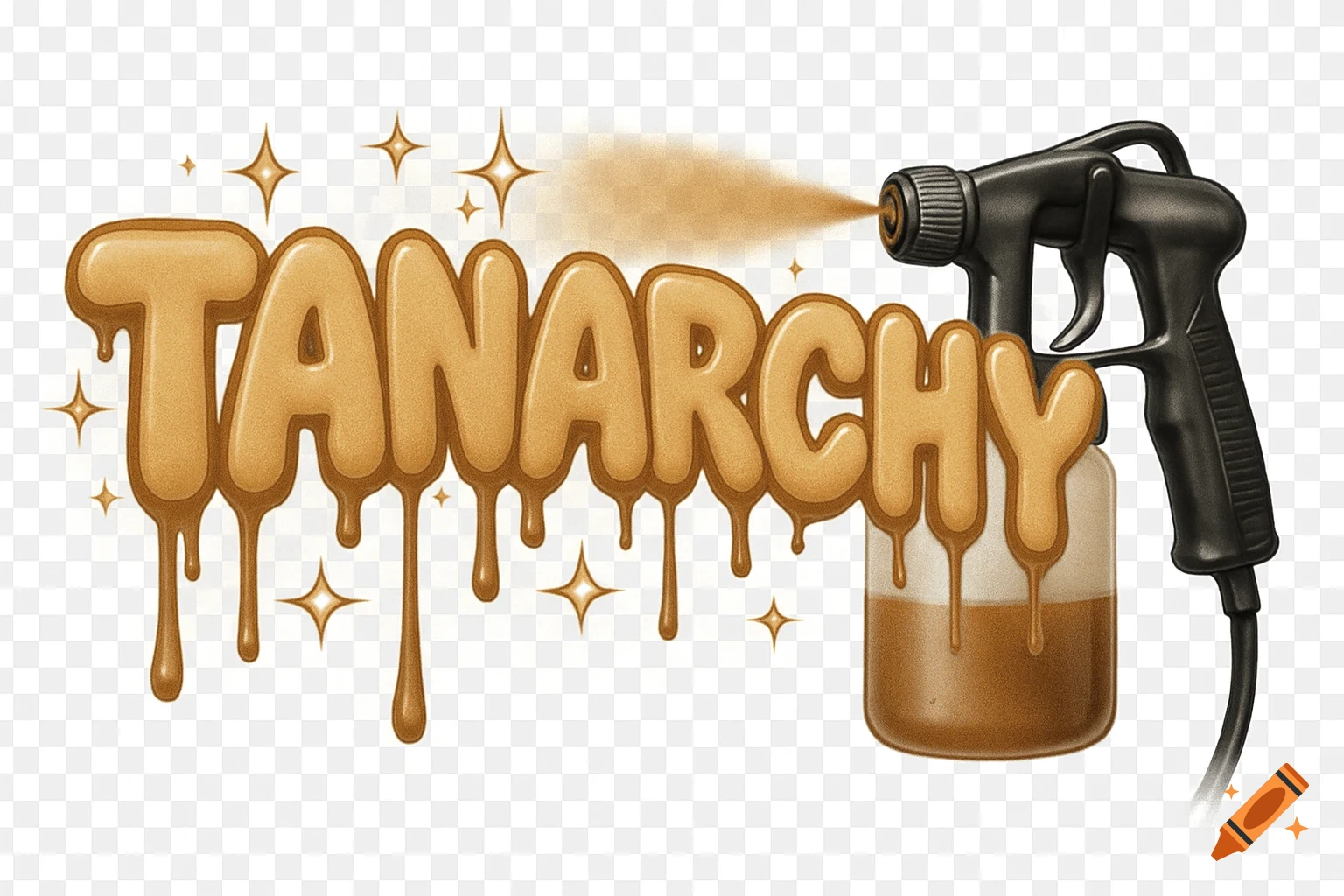 The word TANARCHY in dripping bubble letters being sprayed by a tan gun, with sparkles around the text.
