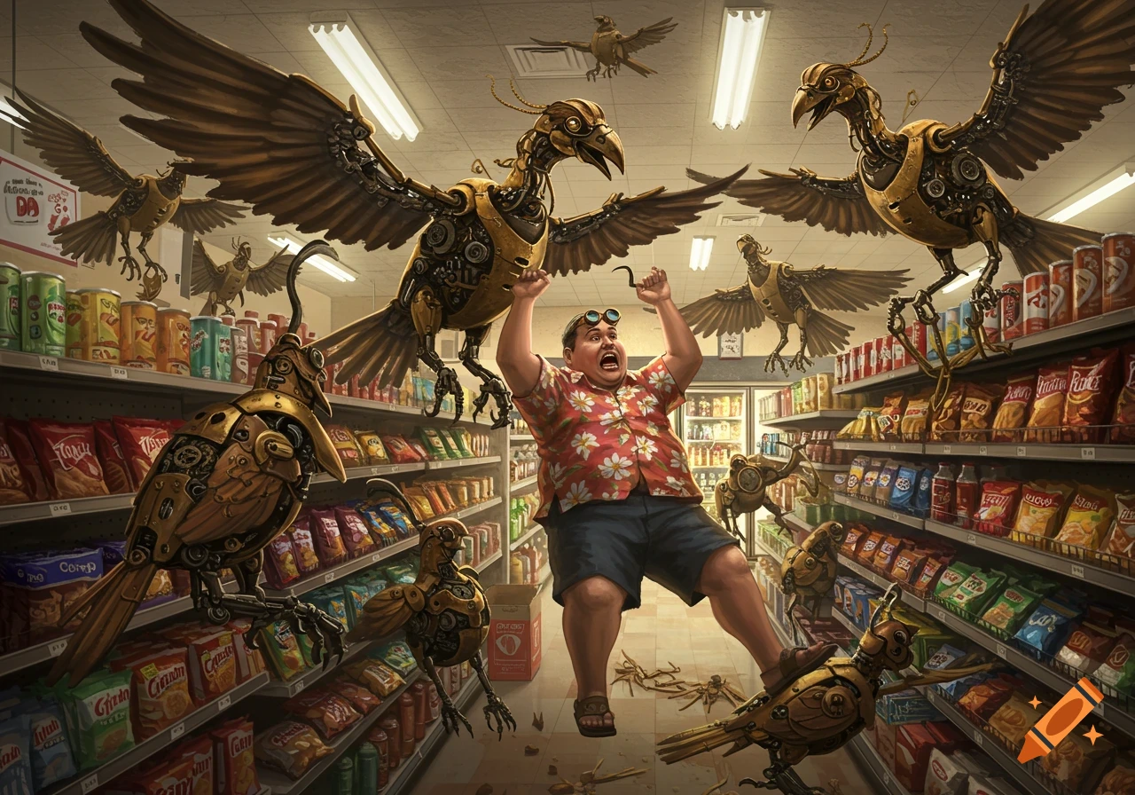 A terrified man is surrounded by menacing steampunk birds in a chaotic supermarket aisle.