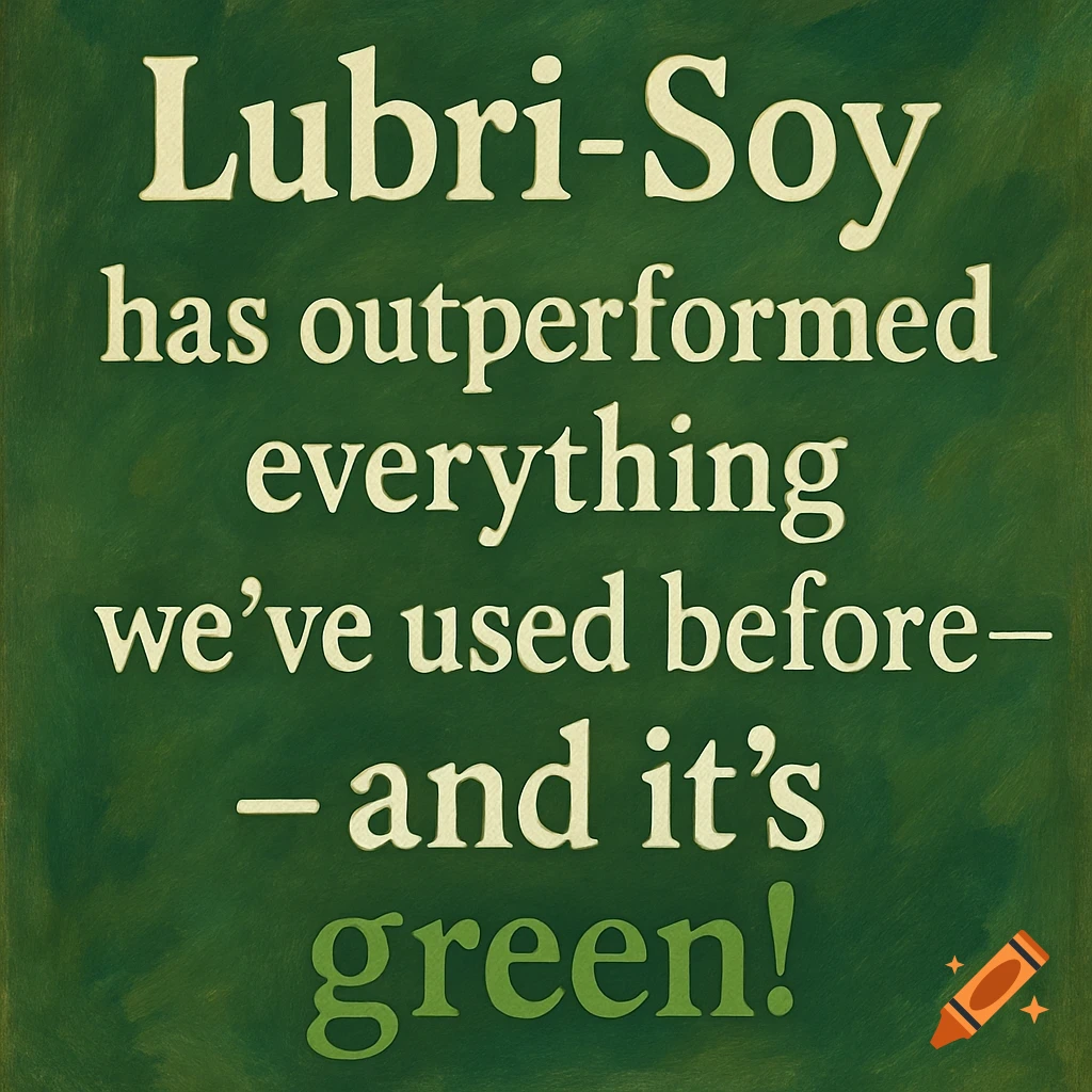Text on a green background reads: 'Lubri-Soy has outperformed everything we've used before— and it's green!'