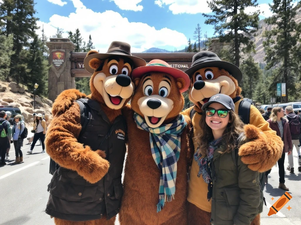 A woman with sunglasses smiles, posing with three brown bear mascots at a national park entrance under a blue sky.