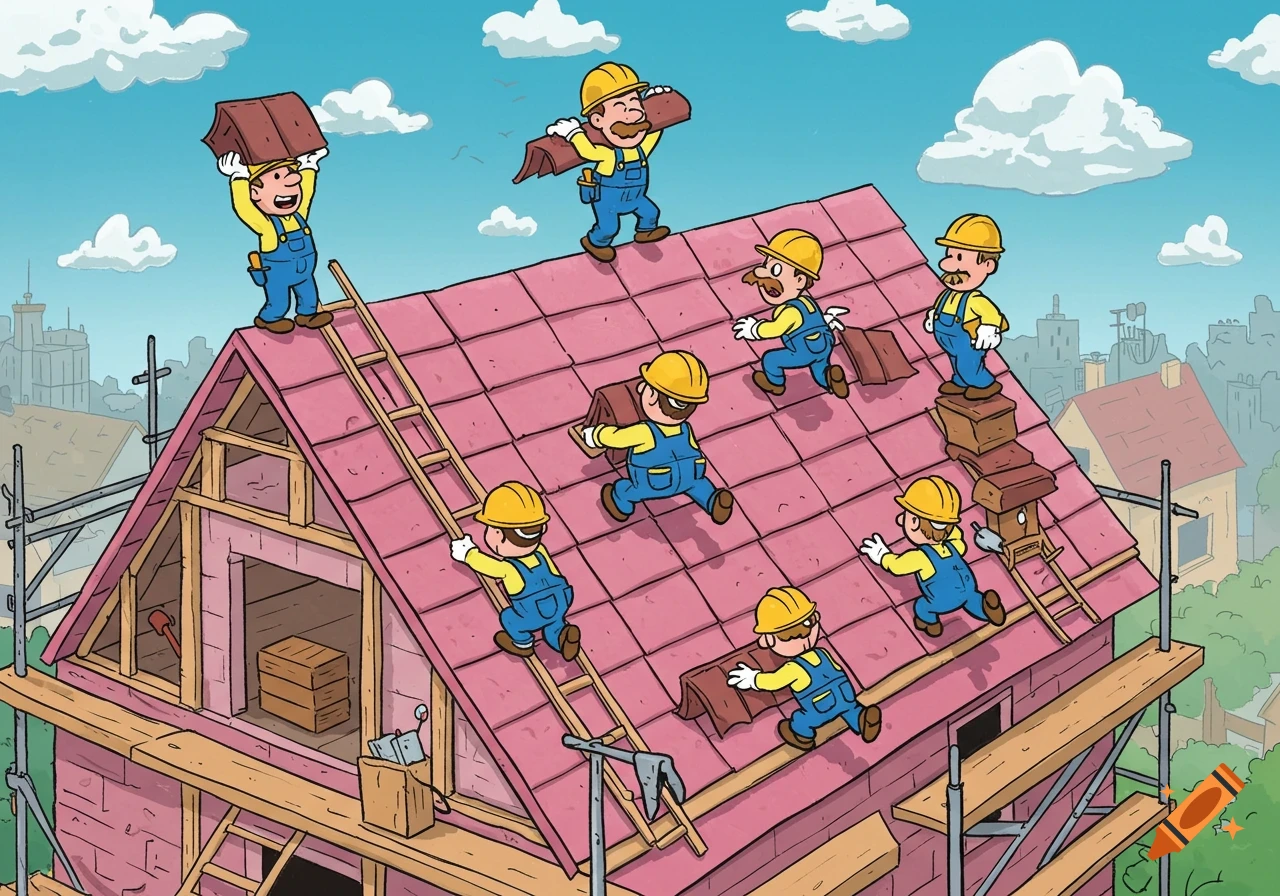 A cartoon illustration of multiple construction workers in yellow hard hats and blue overalls laying pink tiles on a house roof under construction, with scaffolding around.