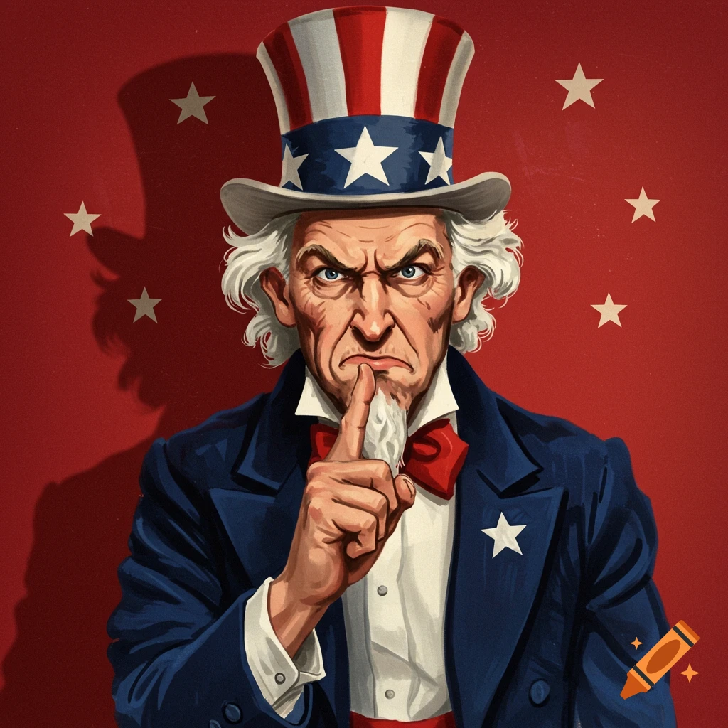 Illustration of Uncle Sam making a 'shhh' gesture, with a finger to his lips, against a red background with stars.