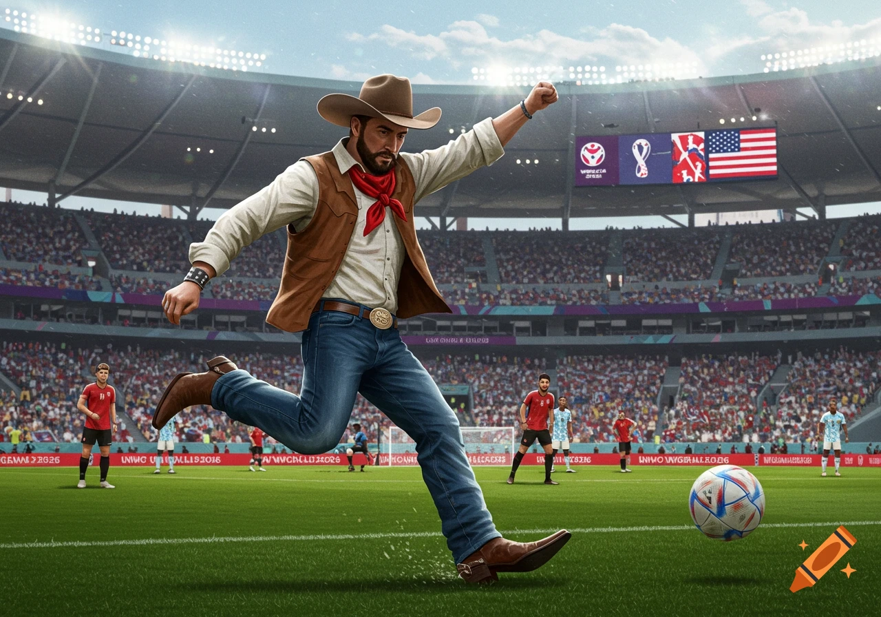 A cowboy in a hat, vest, and jeans kicks a soccer ball in a crowded stadium during a World Cup match.