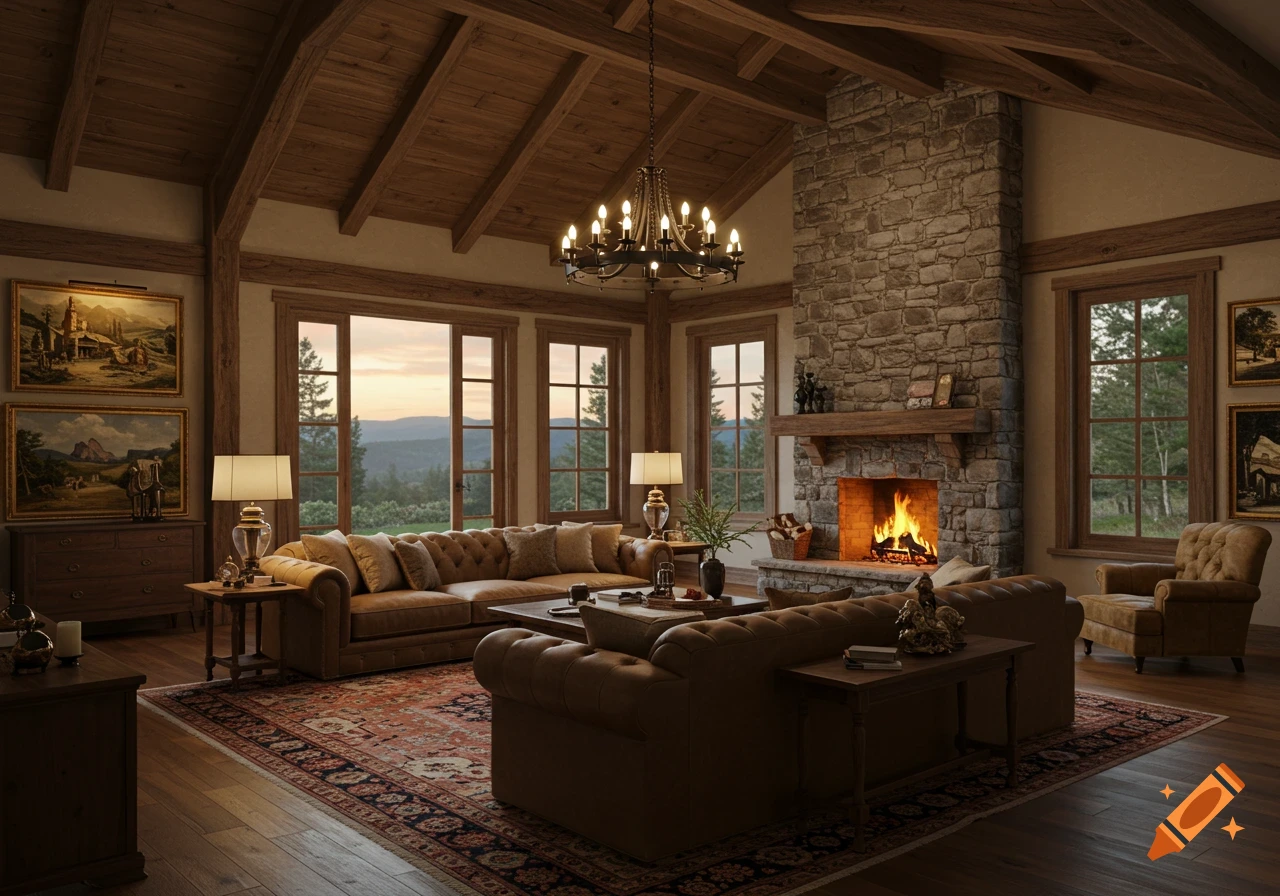 A luxurious rustic living room with a stone fireplace, leather sofas, wood beams, and a mountain view at sunset.