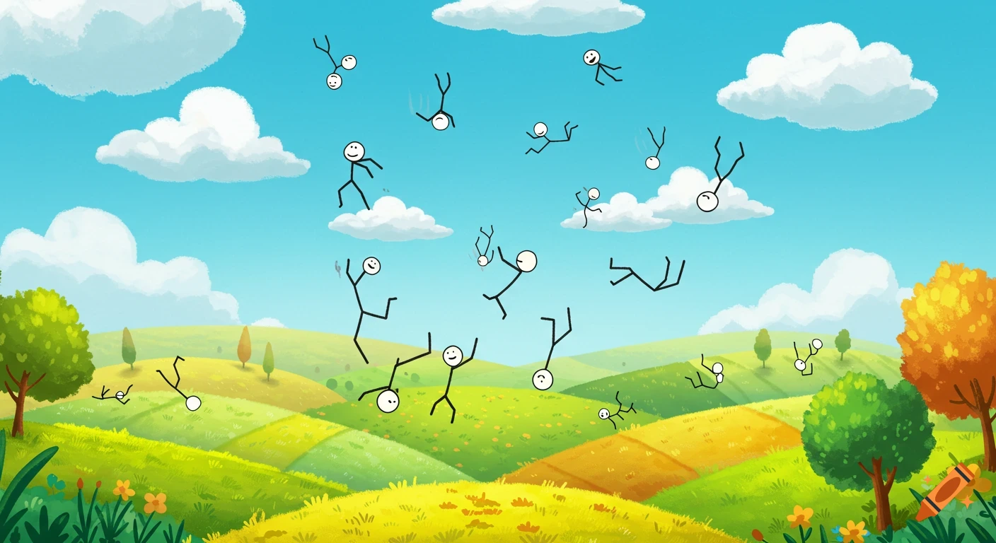 Cartoon landscape with green and yellow rolling hills under a blue sky, with many stick figures falling through the air.