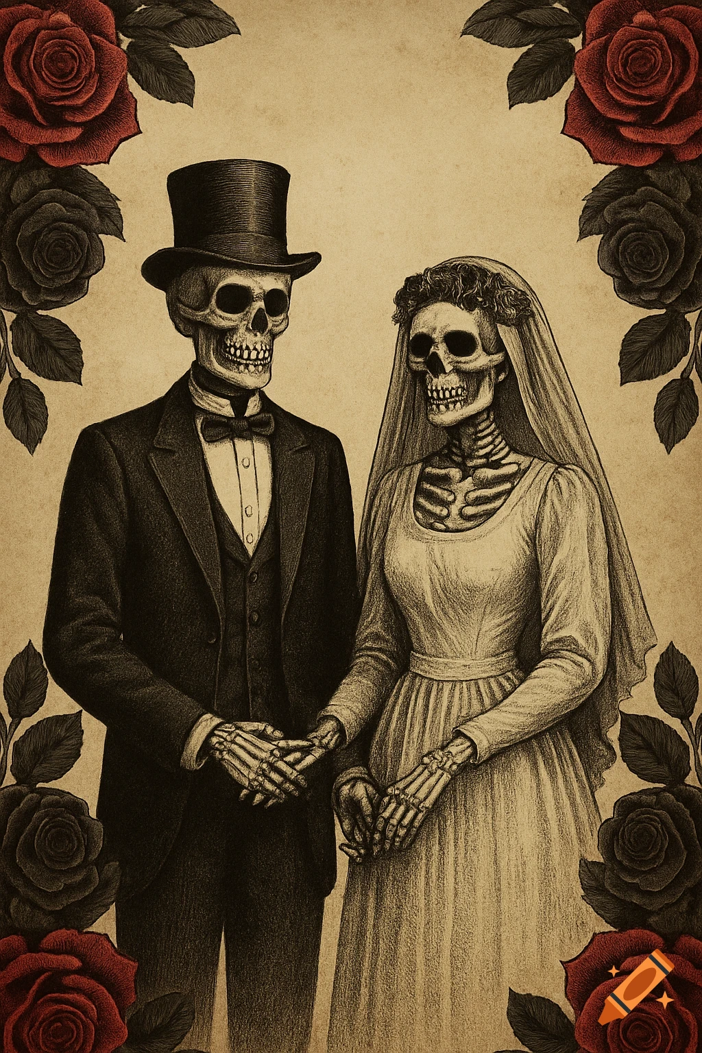 Gothic vintage illustration of skeleton bride and groom holding hands, framed by red and black roses.
