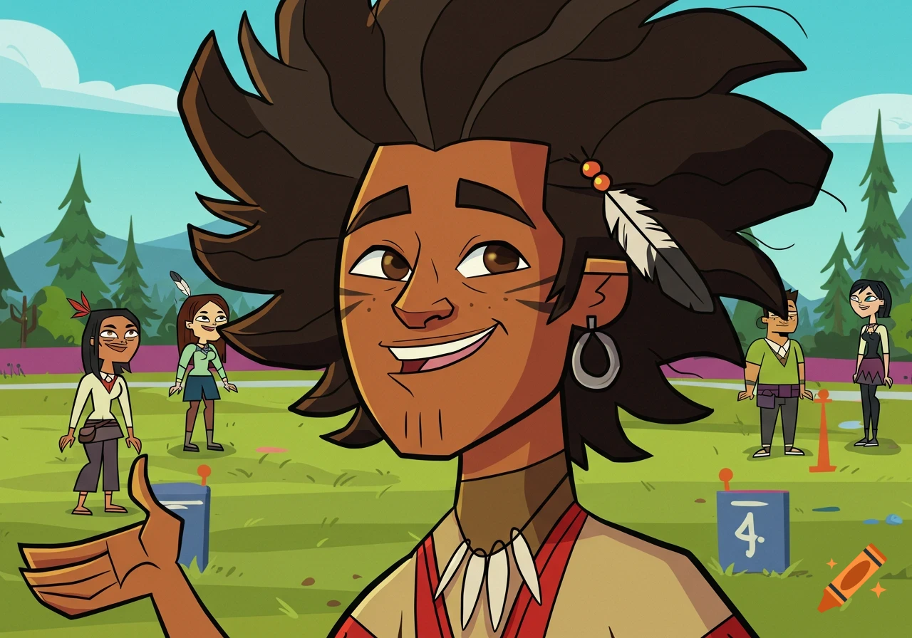 A cartoon man with brown skin, dark curly hair, and face paint, wearing a bone necklace and a feather in his hair, smiles and gestures. Other cartoon characters are in the grassy background.