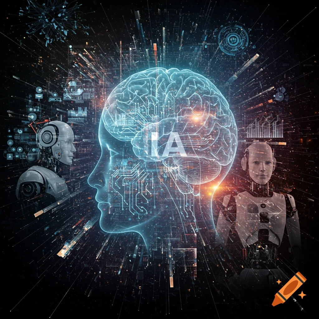A futuristic collage with a glowing blue digital brain containing "IA" text, flanked by two humanoid robots amidst abstract data streams and circuits.