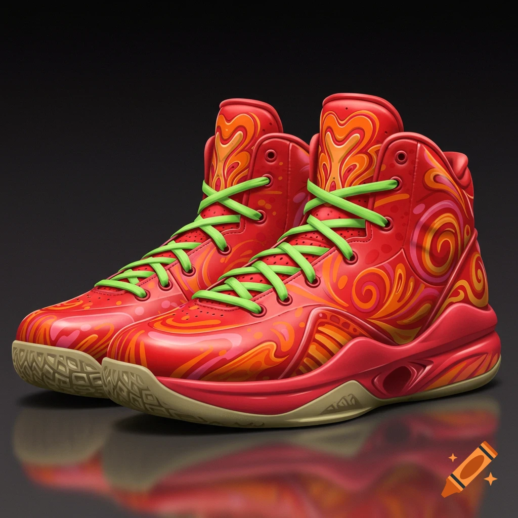 A pair of vibrant red basketball shoes with abstract orange and yellow patterns and bright green laces on a dark reflective surface.