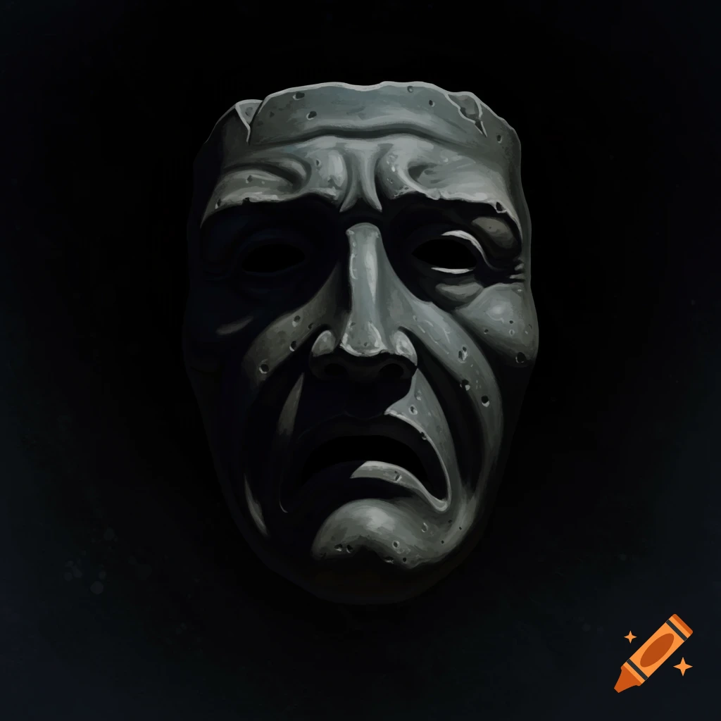 A dark gray stone tragedy mask with deep shadows against a black background.