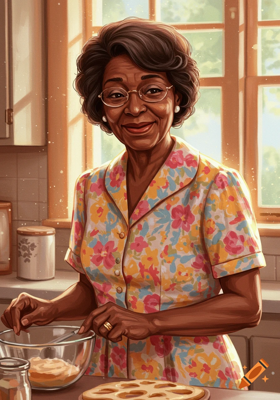 An illustration of a smiling elderly Black woman with short dark hair and glasses in a floral shirt, mixing batter in a bowl in a sunlit kitchen.