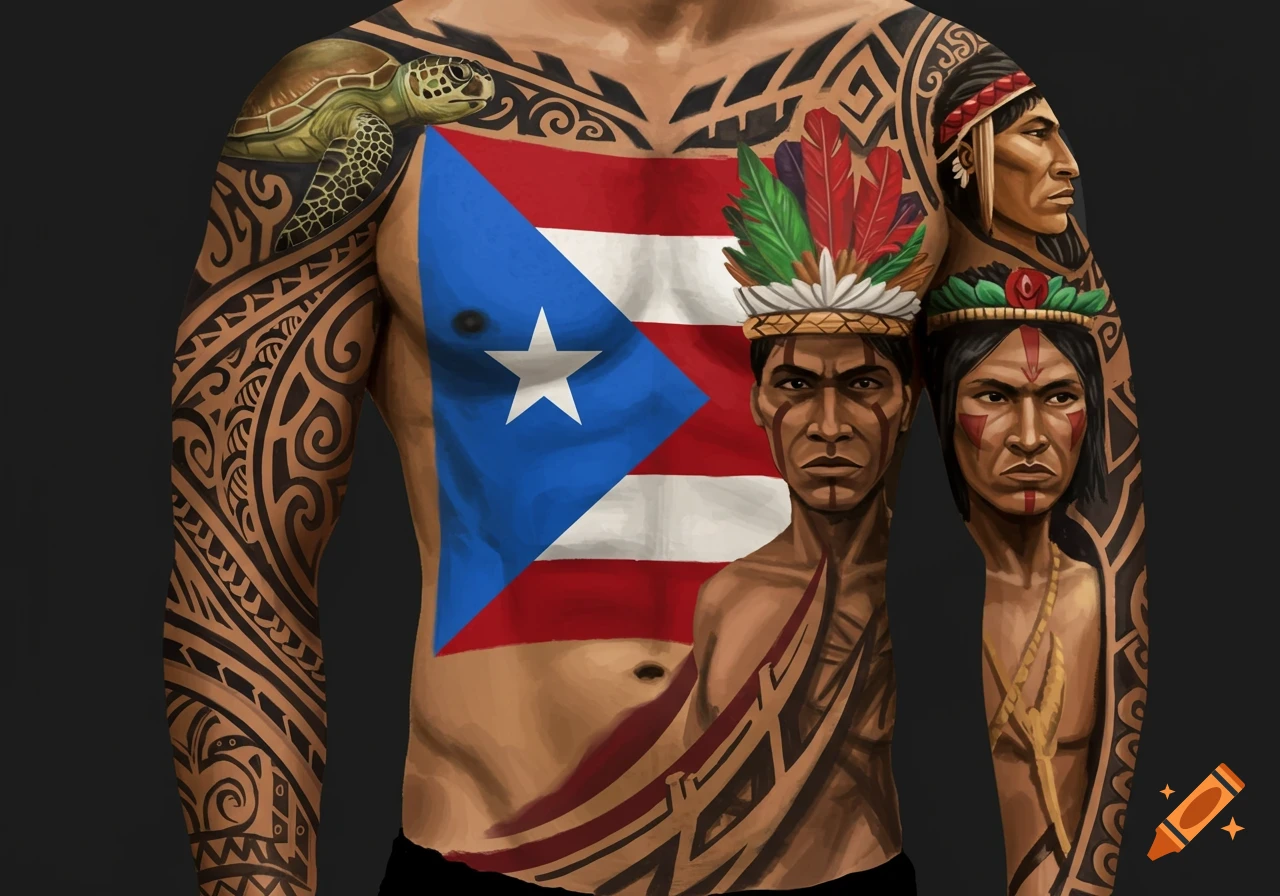 Illustration of a male torso covered in body art featuring the Puerto Rican flag, a turtle, tribal patterns, and three indigenous faces.