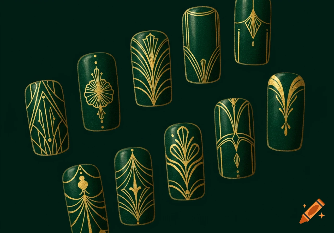 Ten emerald green nails with intricate gold Art Deco designs against a dark green background.