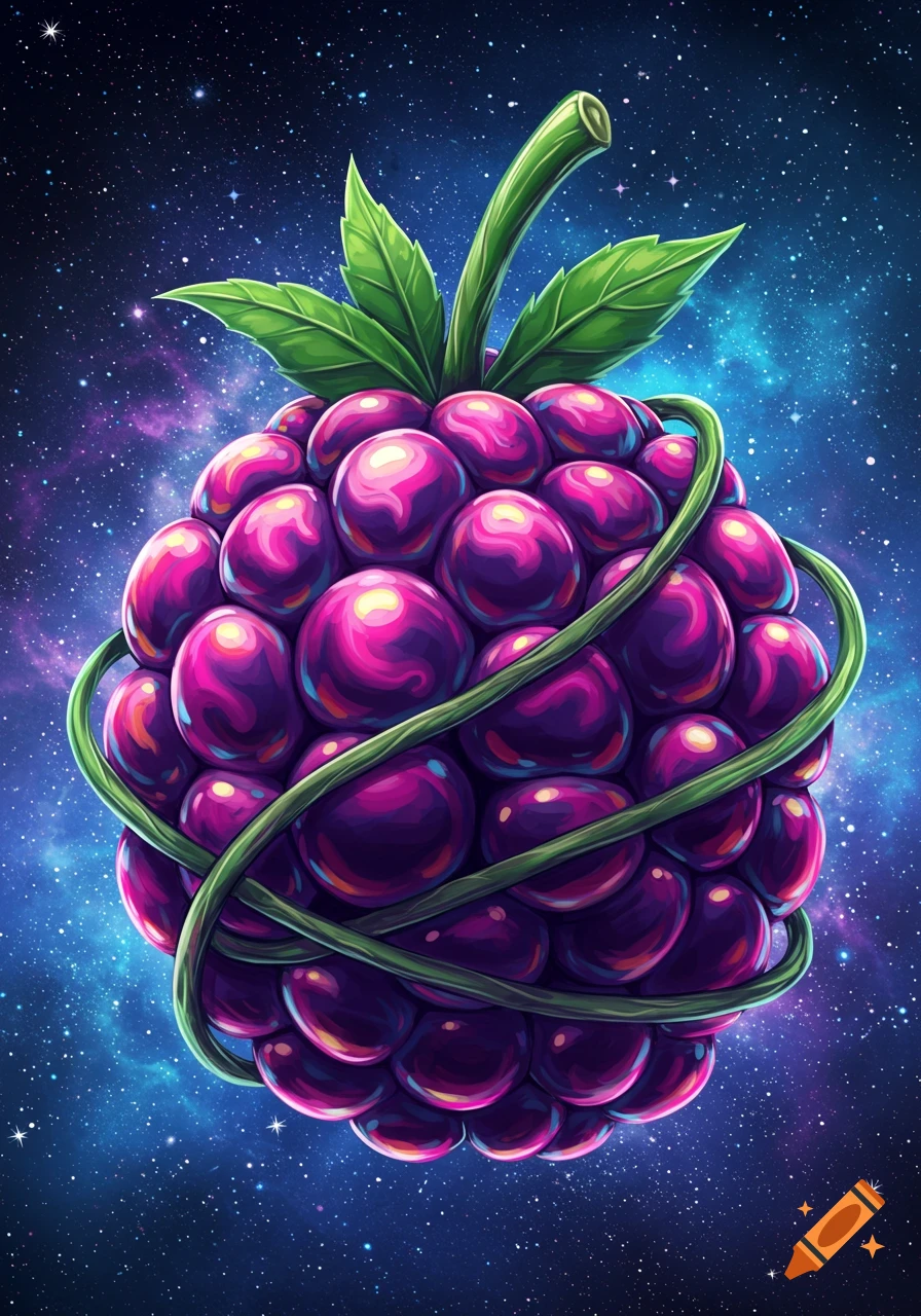 A large, stylized purple berry with green leaves and vines set against a vibrant blue and purple galaxy background.