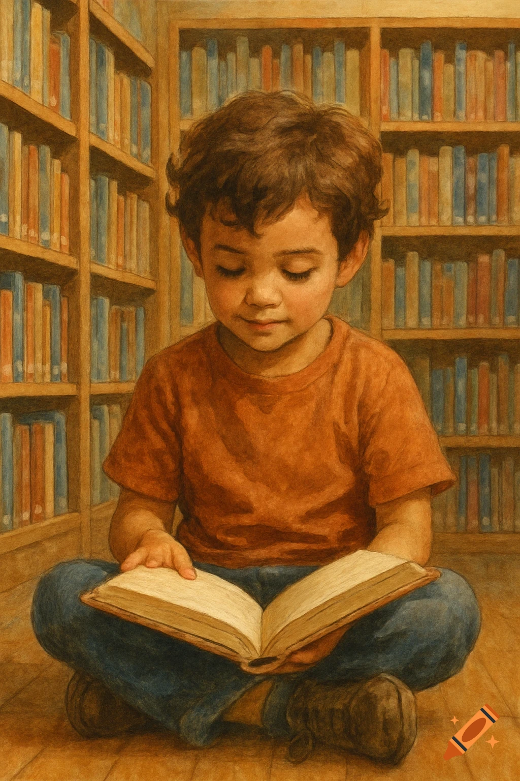 A young child with brown hair sits cross-legged on the floor, reading an open book in a library filled with bookshelves. Painterly style.