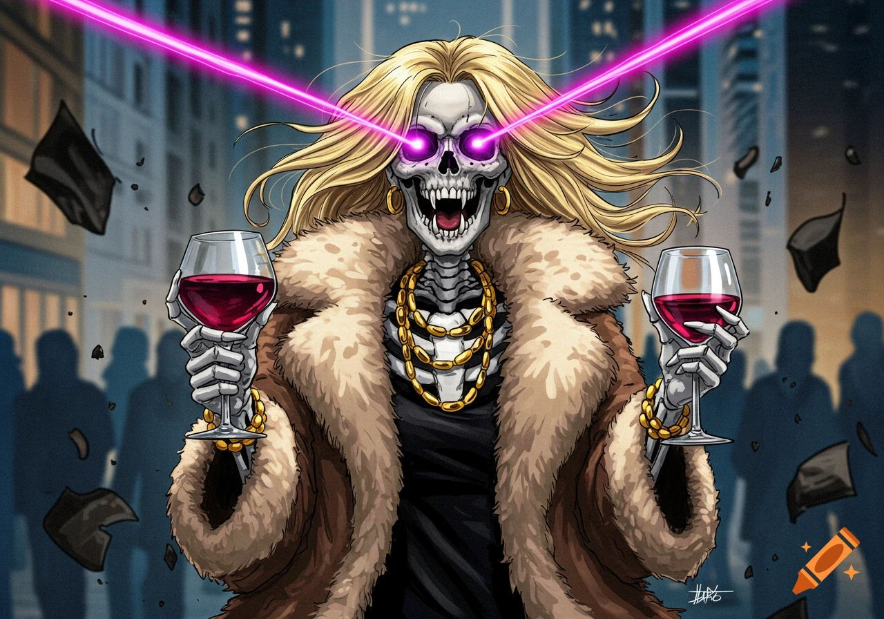 Comic book style skeleton with long blonde hair, fur coat, and purple laser eyes, holding two glasses of red wine on a city street.