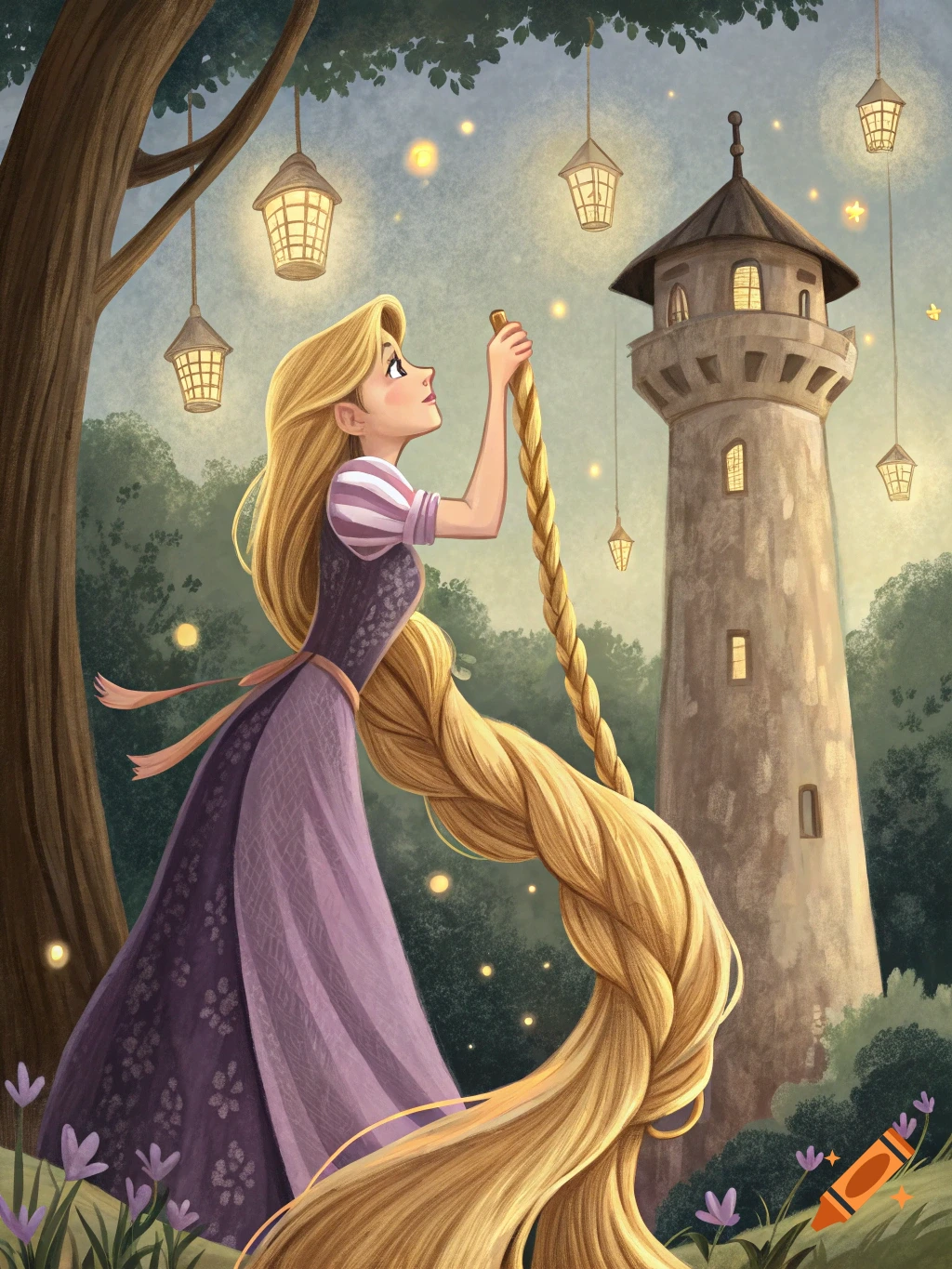 Rapunzel holding her long braided hair in an enchanted forest with a tall tower and floating lanterns, in an illustrated style.