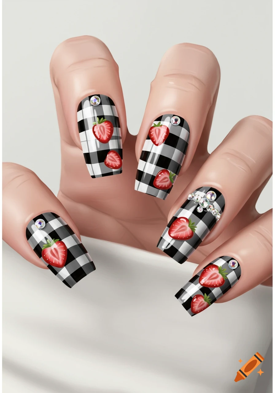 A hand with black and white checkerboard nails decorated with strawberries and rhinestones.