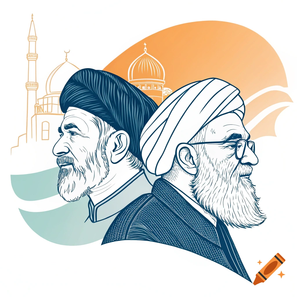 An illustration of two bearded men wearing religious headwear, in profile, with mosque outlines in the background.