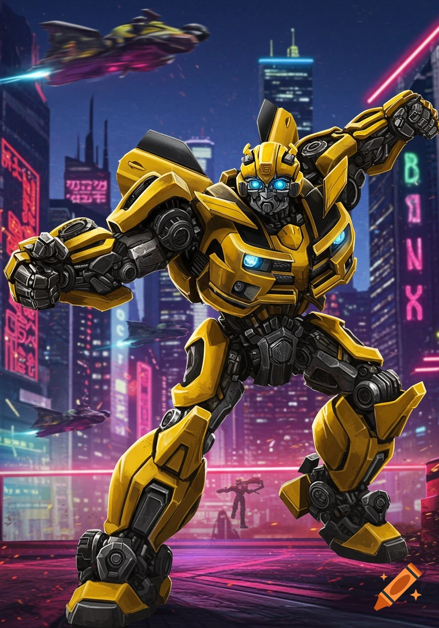 Dynamic illustration of Bumblebee, the yellow robot, standing in a vibrant, neon-lit cyberpunk city at night with flying vehicles.