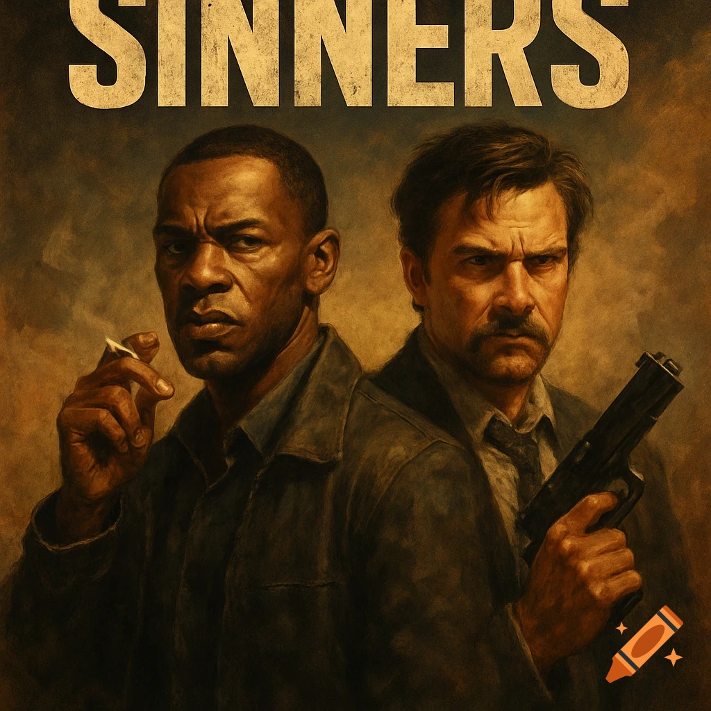 A gritty movie poster style painting of two serious men, one smoking a cigarette and one holding a gun, with 'SINNERS' text.