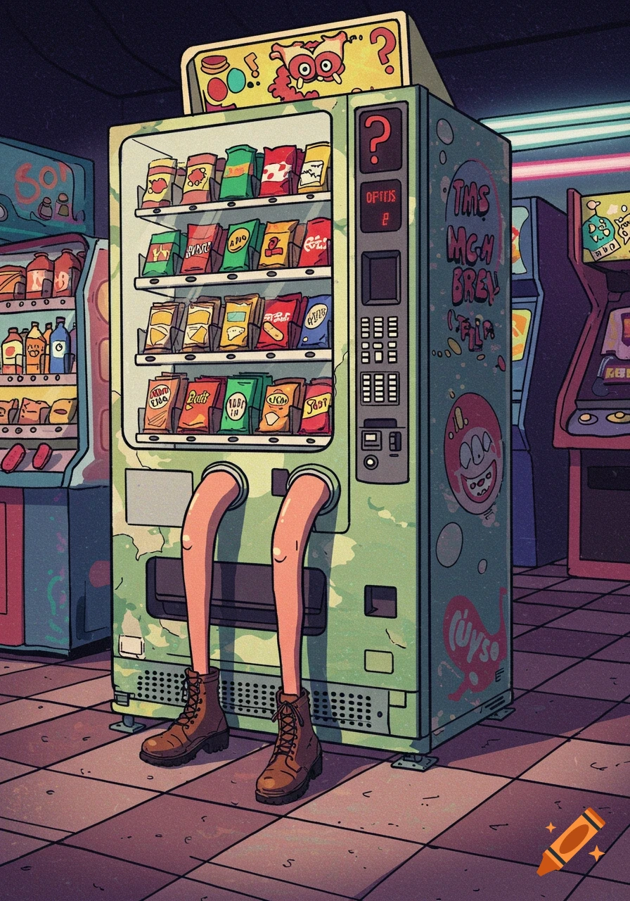Cartoon style image of a vending machine with human legs sticking out of the bottom, standing in an arcade.