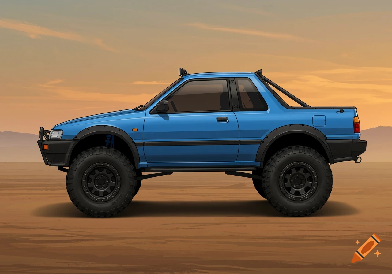 A blue, heavily modified off-road pickup truck with large tires, in a desert landscape, side view.