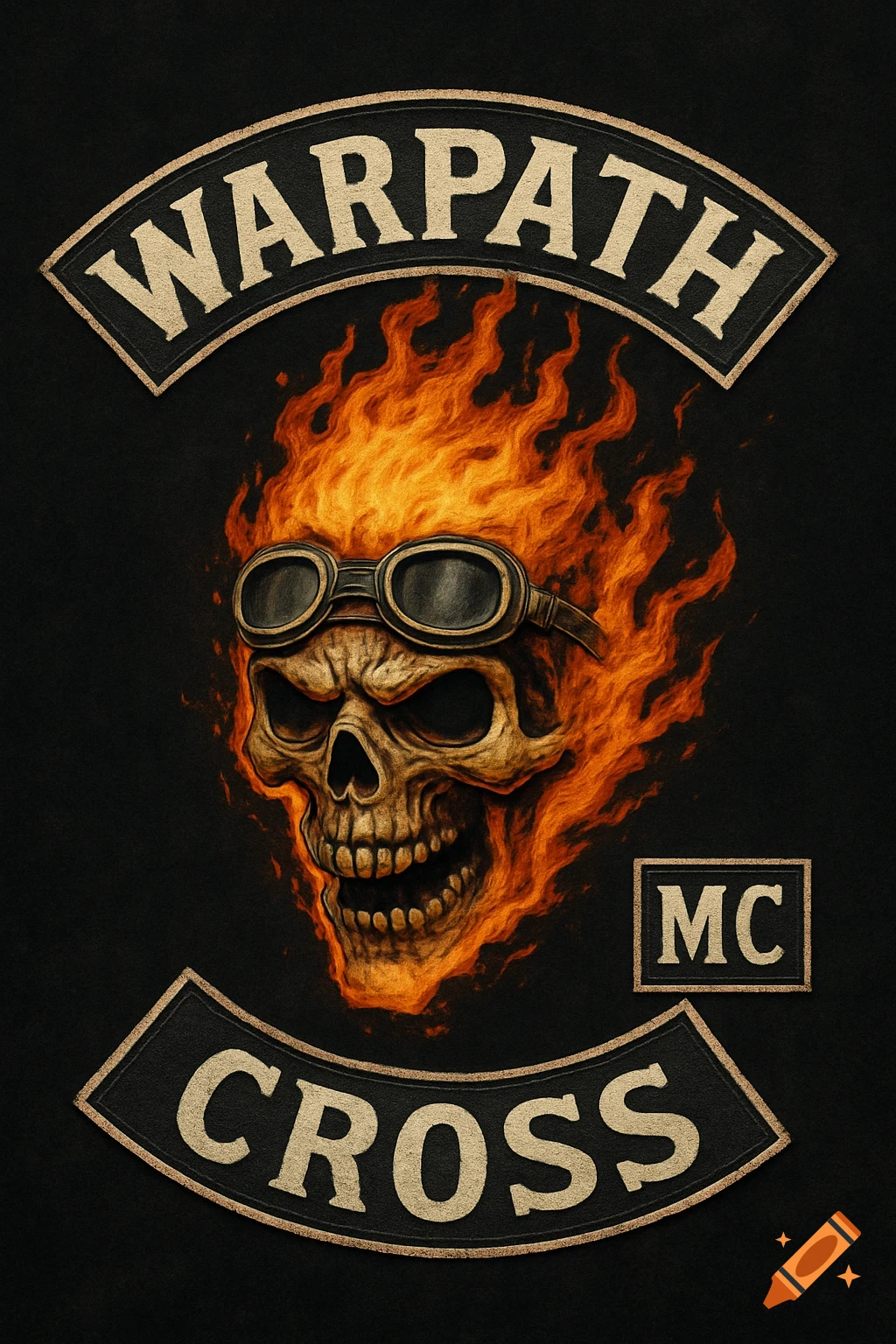 Flaming skull wearing goggles on a black background, styled as a motorcycle club patch with 'WARPATH' and 'CROSS' text.