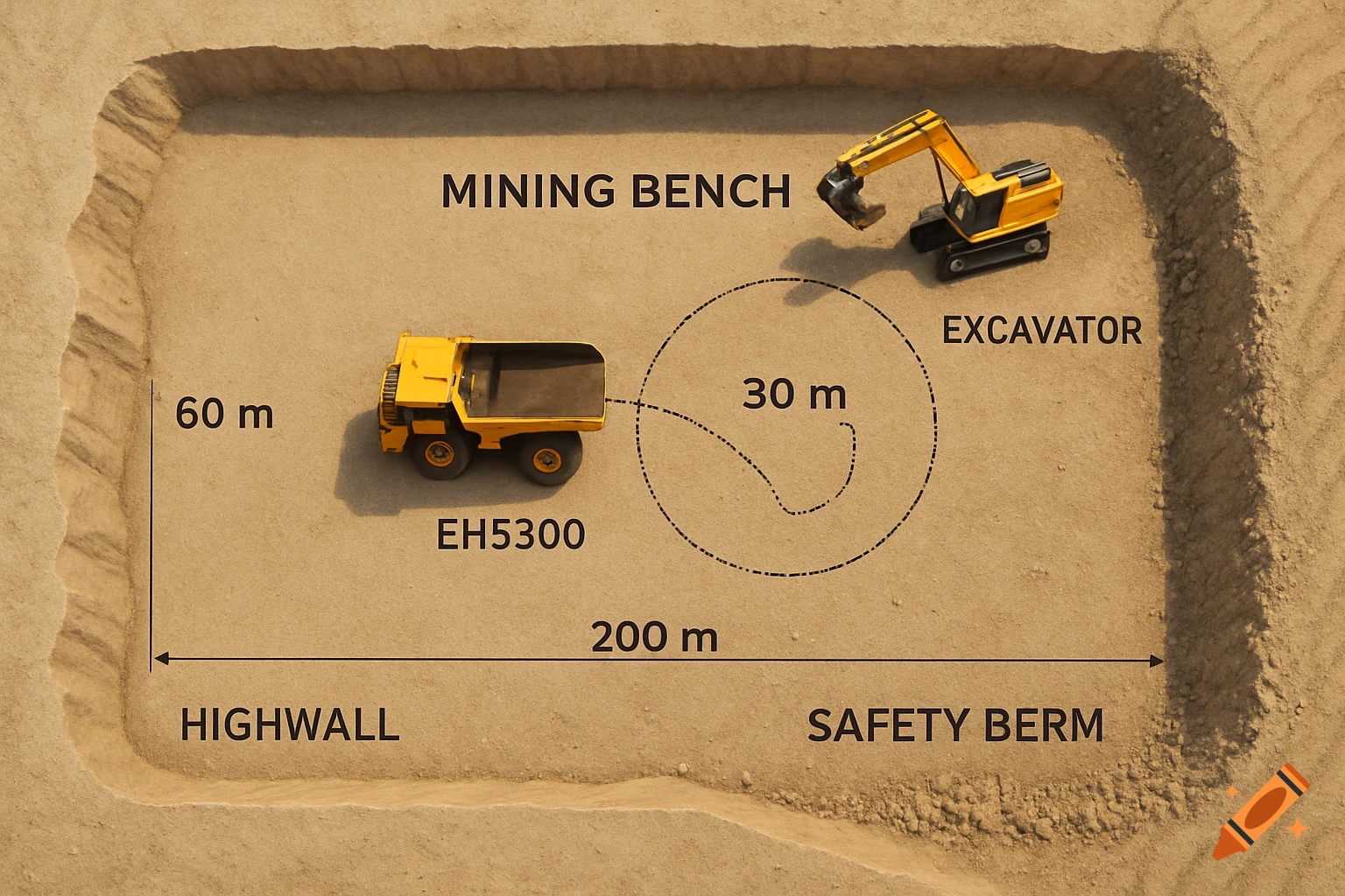Overhead diagram of a mining bench showing a yellow dump truck and excavator, labeled with dimensions, highwall, safety berm, and turning circle.