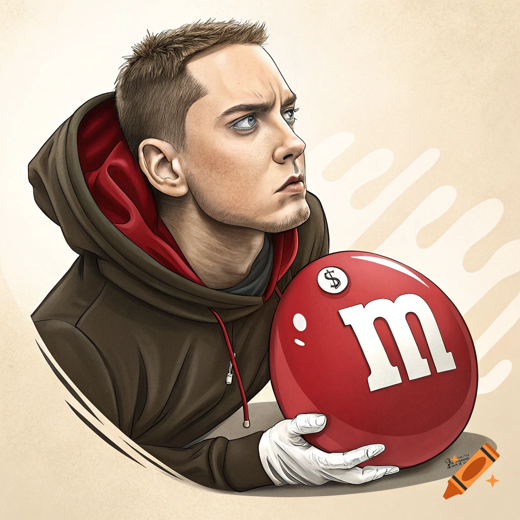 Illustration of rapper Eminem holding a large red M&M candy with an 'm' and a dollar sign.