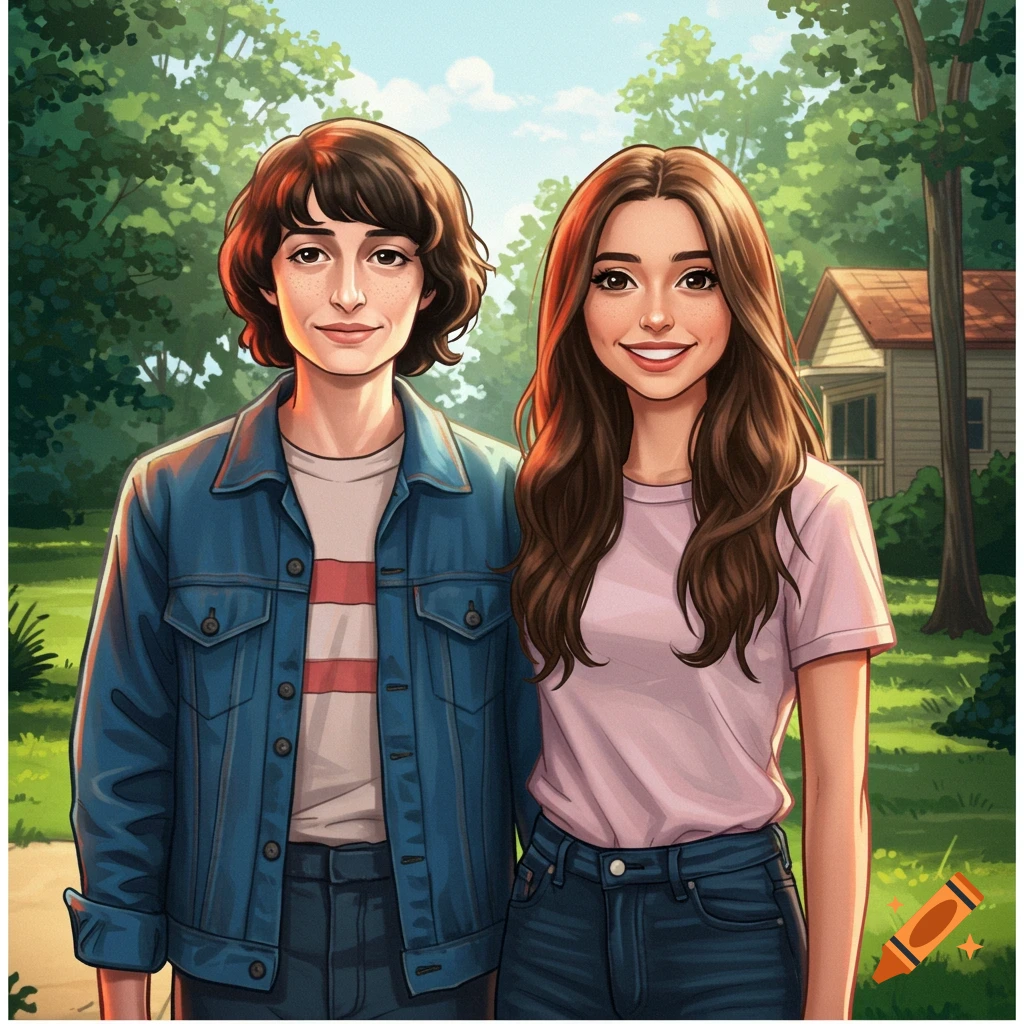 A stylized cartoon illustration shows a boy in a denim jacket next to a girl in a pink shirt, both smiling outdoors with trees and a house in the background.