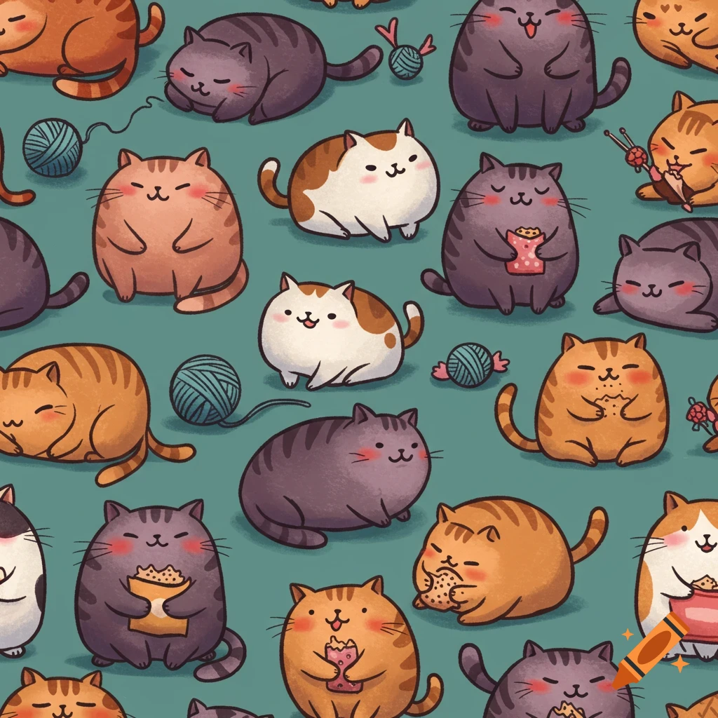 Seamless pattern of plump, cartoon cats in various poses with balls of yarn on a green background.