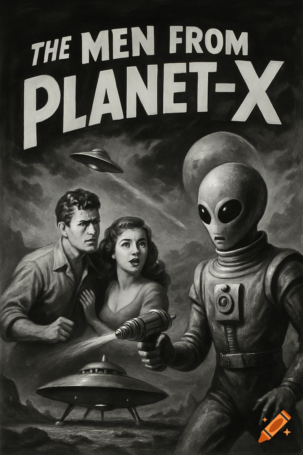 Black and white retro sci-fi poster with 'THE MEN FROM PLANET-X' title, showing a man, a woman, an alien, and flying saucers.