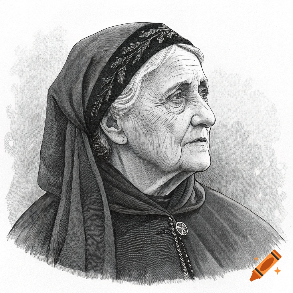 Black and white ink drawing portrait of an elderly woman in profile, wearing a headscarf and cloak.