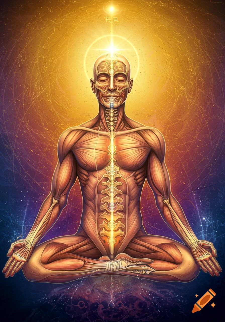 A glowing anatomical figure in a meditative pose, with a central light pillar illuminating the spine and chakras, set against a vibrant cosmic background.